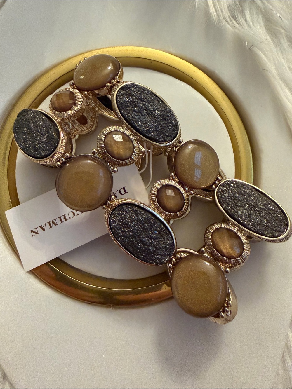 Gold-Tone Bracelet with Brown Cabochons & Black Druzy Ovals